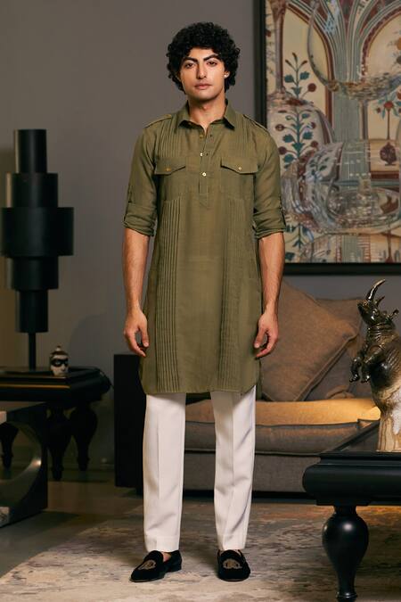 Siddartha Tytler_Green Linen Plain Roll-up Sleeve Military Kurta _Online_at_Aza_Fashions