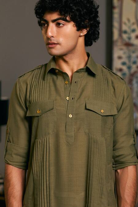 Buy_Siddartha Tytler_Green Linen Plain Roll-up Sleeve Military Kurta _Online_at_Aza_Fashions