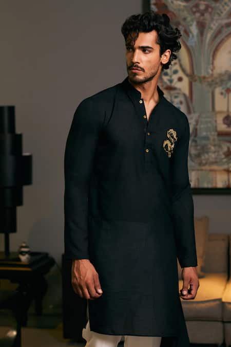 Siddartha Tytler_Black Linen Embroidery Dragon Placement Draped Kurta _Online_at_Aza_Fashions