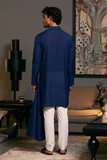 Shop_Siddartha Tytler_Blue Linen Embroidery Placement Draped Kurta _at_Aza_Fashions