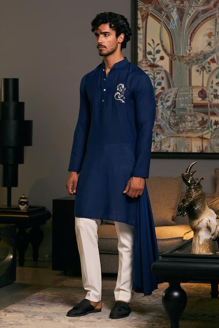 Siddartha Tytler_Blue Linen Embroidery Placement Draped Kurta _Online_at_Aza_Fashions
