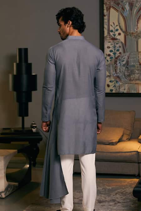 Shop_Siddartha Tytler_Grey Linen Embroidery Dragon Draped Kurta _at_Aza_Fashions