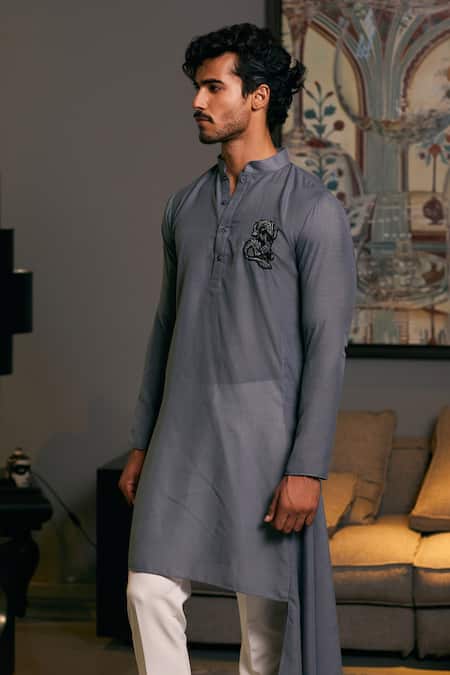 Siddartha Tytler_Grey Linen Embroidery Dragon Draped Kurta _Online_at_Aza_Fashions