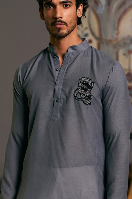 Buy_Siddartha Tytler_Grey Linen Embroidery Dragon Draped Kurta _Online_at_Aza_Fashions