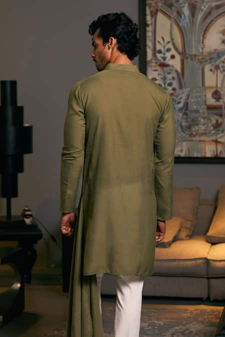 Shop_Siddartha Tytler_Green Linen Embroidery Dragon Placement Work Draped Kurta _at_Aza_Fashions