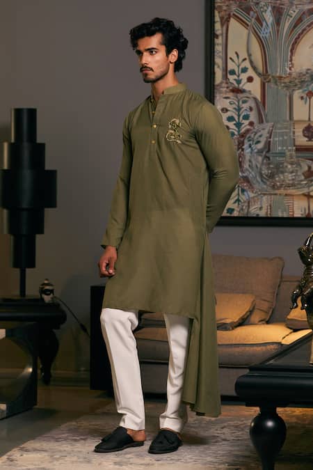Buy_Siddartha Tytler_Green Linen Embroidery Dragon Placement Work Draped Kurta _Online_at_Aza_Fashions