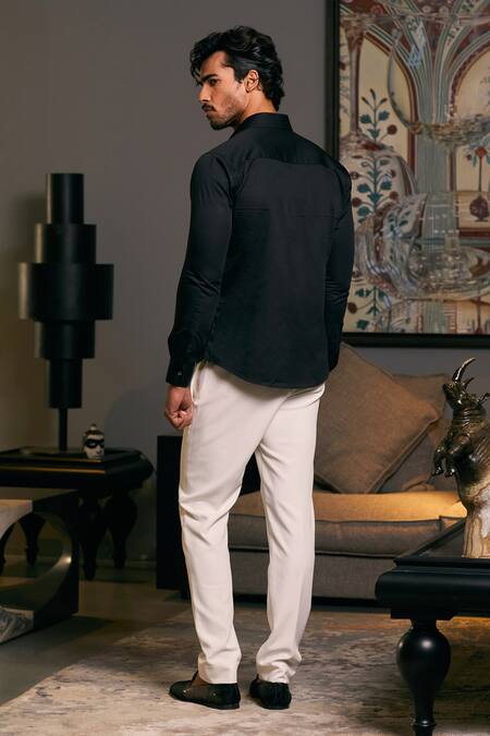 Shop_Siddartha Tytler_Black Cotton Satin Embroidery Dragon Placement Shirt _at_Aza_Fashions