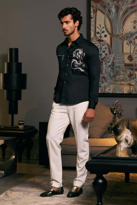 Siddartha Tytler_Black Cotton Satin Embroidery Dragon Placement Shirt _Online_at_Aza_Fashions