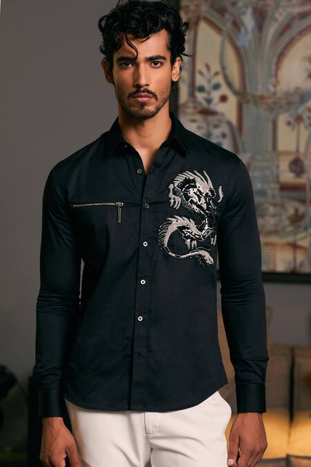 Buy_Siddartha Tytler_Black Cotton Satin Embroidery Dragon Placement Shirt _Online_at_Aza_Fashions