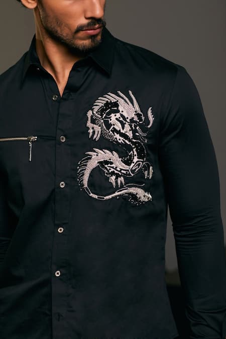 Shop_Siddartha Tytler_Black Cotton Satin Embroidery Dragon Placement Shirt _Online_at_Aza_Fashions