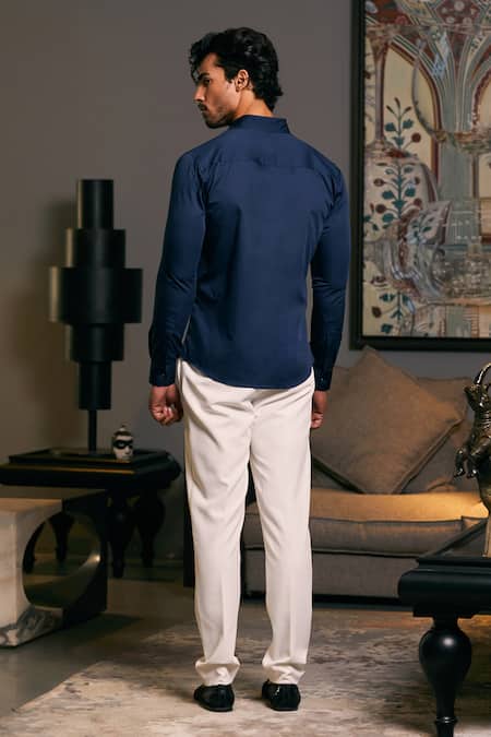 Shop_Siddartha Tytler_Blue Cotton Satin Embroidery Placement Shirt _at_Aza_Fashions