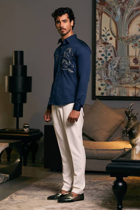 Siddartha Tytler_Blue Cotton Satin Embroidery Placement Shirt _Online_at_Aza_Fashions