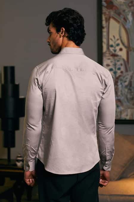 Shop_Siddartha Tytler_Grey Cotton Satin Embroidery Dragon Shirt _at_Aza_Fashions