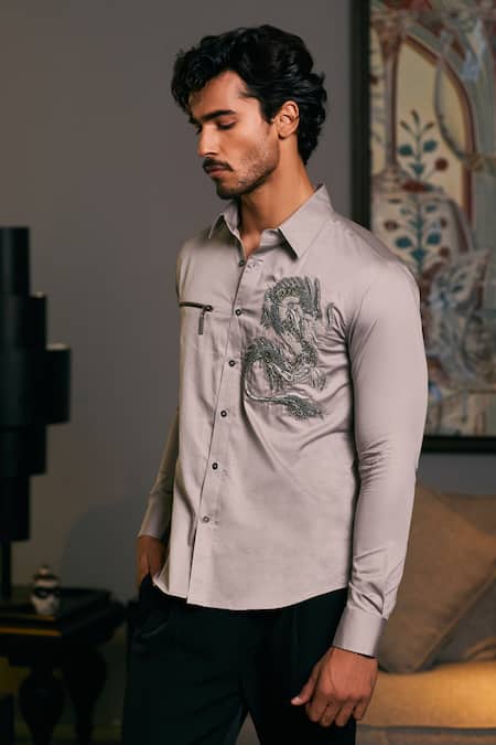 Siddartha Tytler_Grey Cotton Satin Embroidery Dragon Shirt _Online_at_Aza_Fashions