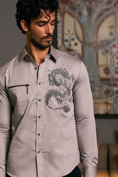 Buy_Siddartha Tytler_Grey Cotton Satin Embroidery Dragon Shirt _Online_at_Aza_Fashions
