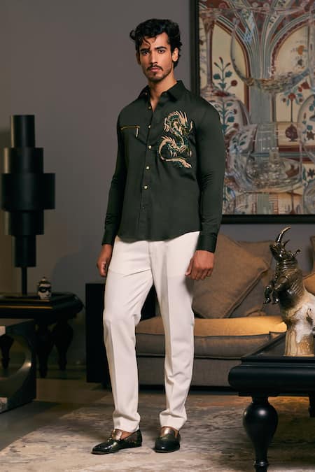 Siddartha Tytler_Green Cotton Satin Embroidery Dragon Placement Work Shirt _Online_at_Aza_Fashions