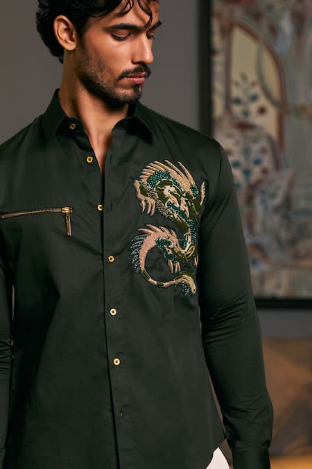Buy_Siddartha Tytler_Green Cotton Satin Embroidery Dragon Placement Work Shirt _Online_at_Aza_Fashions