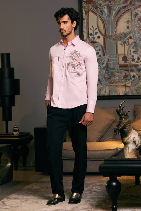 Buy_Siddartha Tytler_Pink Cotton Satin Embroidery Placement Full Sleeve Shirt _Online_at_Aza_Fashions