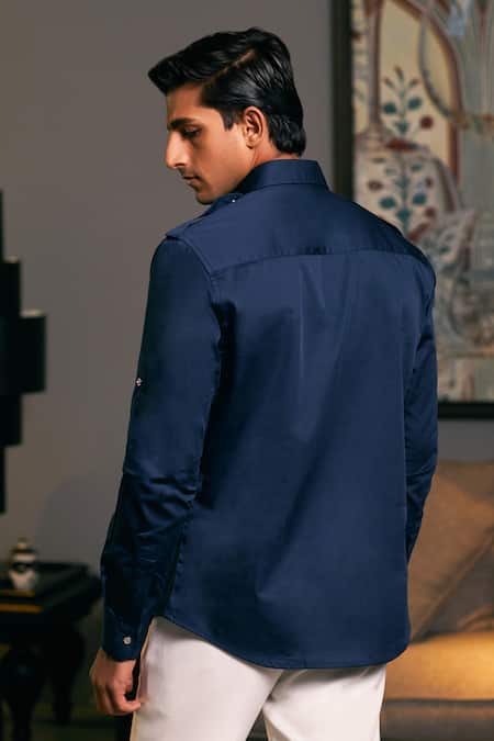 Shop_Siddartha Tytler_Blue Cotton Satin Plain Military Shirt _at_Aza_Fashions