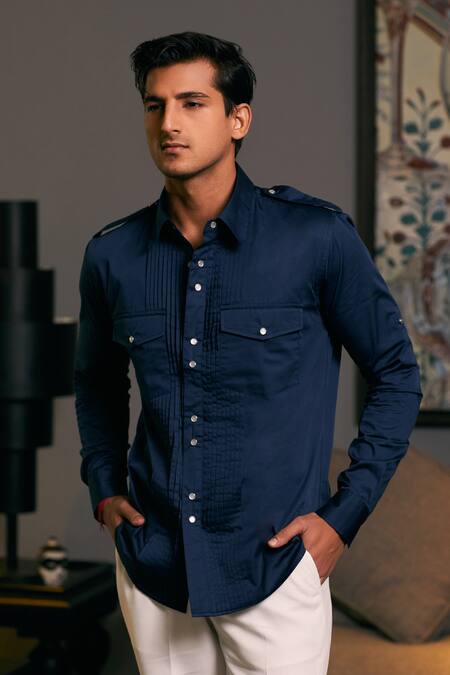 Siddartha Tytler_Blue Cotton Satin Plain Military Shirt _Online_at_Aza_Fashions