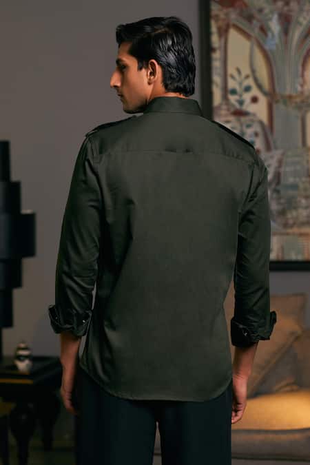 Shop_Siddartha Tytler_Green Cotton Satin Solid Roll-up Sleeve Military Shirt _at_Aza_Fashions