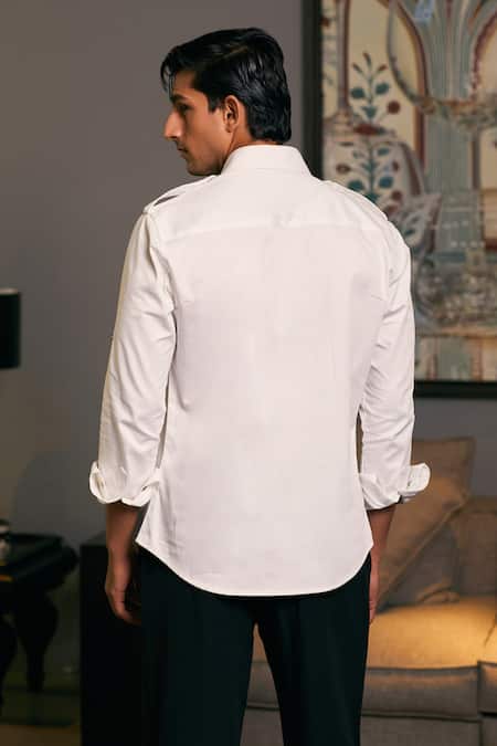 Shop_Siddartha Tytler_Ivory Cotton Satin Plain Roll-up Sleeve Military Shirt _at_Aza_Fashions