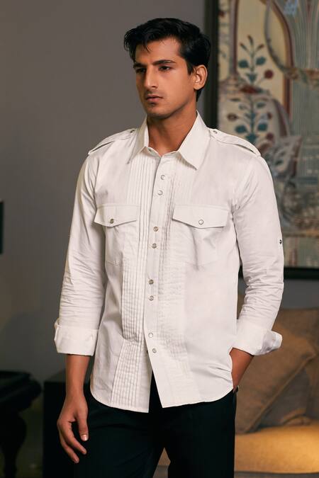 Siddartha Tytler_Ivory Cotton Satin Plain Roll-up Sleeve Military Shirt _Online_at_Aza_Fashions
