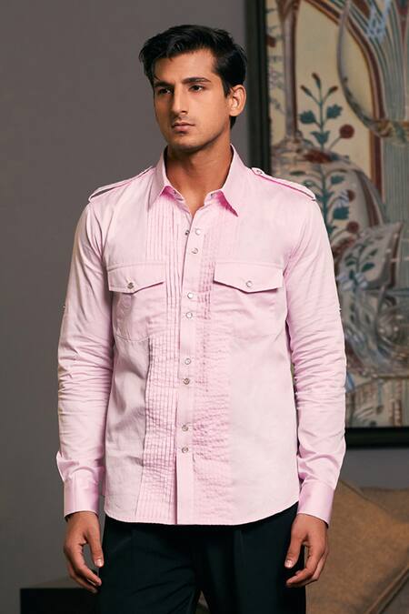 Siddartha Tytler_Pink Cotton Satin Solid Collared Military Shirt _Online_at_Aza_Fashions