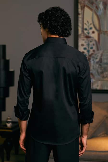 Shop_Siddartha Tytler_Black Cotton Satin Metallic Thread Solid Shirt _at_Aza_Fashions