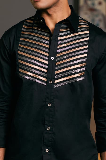 Siddartha Tytler_Black Cotton Satin Metallic Thread Solid Shirt _Online_at_Aza_Fashions