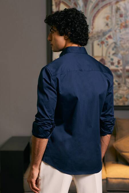 Shop_Siddartha Tytler_Blue Cotton Satin Metallic Thread Plain Shirt _at_Aza_Fashions