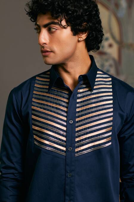 Siddartha Tytler_Blue Cotton Satin Metallic Thread Plain Shirt _Online_at_Aza_Fashions
