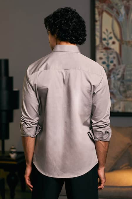 Shop_Siddartha Tytler_Grey Cotton Satin Embroidery Solid Roll-up Sleeve Shirt _at_Aza_Fashions