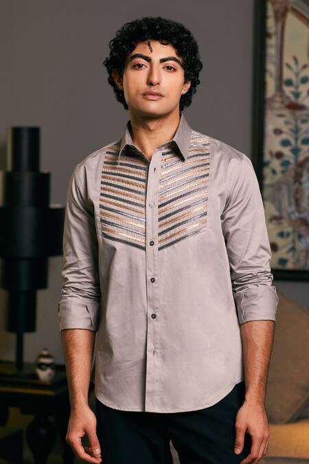 Siddartha Tytler_Grey Cotton Satin Embroidery Solid Roll-up Sleeve Shirt _Online_at_Aza_Fashions