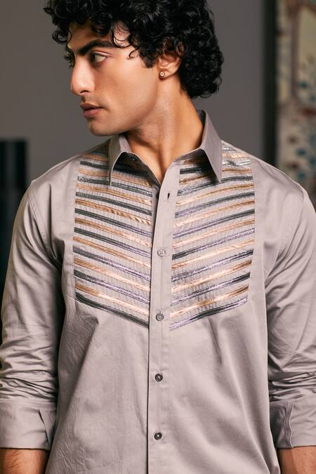 Buy_Siddartha Tytler_Grey Cotton Satin Embroidery Solid Roll-up Sleeve Shirt _Online_at_Aza_Fashions