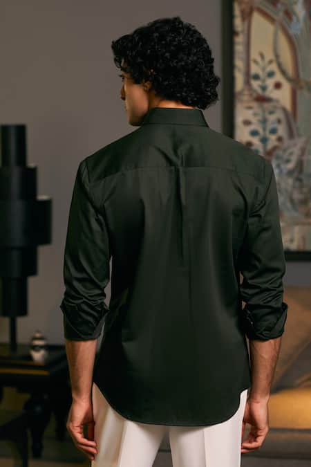Shop Siddartha Tytler Green Cotton Satin Embroidery Plain Roll-up Sleeve Shirt at Aza Fashions Shop_Siddartha Tytler_Green Cotton Satin Embroidery Plain Roll-up Sleeve Shirt _at_Aza_Fashions