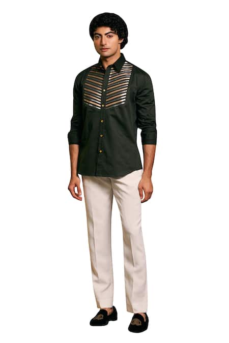 Buy Siddartha Tytler Green Cotton Satin Embroidery Plain Roll-up Sleeve Shirt Online at Aza Fashions Buy_Siddartha Tytler_Green Cotton Satin Embroidery Plain Roll-up Sleeve Shirt _Online_at_Aza_Fashions