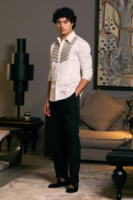 Siddartha Tytler Ivory Cotton Satin Metallic Thread Solid Collared Shirt Online at Aza Fashions Siddartha Tytler_Ivory Cotton Satin Metallic Thread Solid Collared Shirt _Online_at_Aza_Fashions