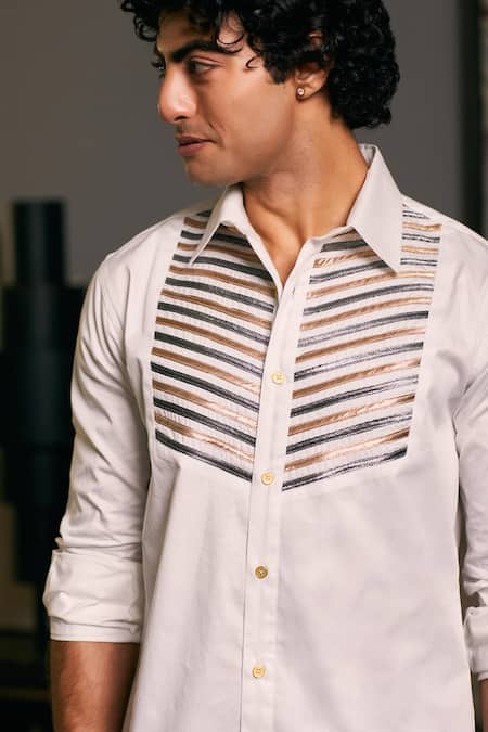 Buy Siddartha Tytler Ivory Cotton Satin Metallic Thread Solid Collared Shirt Online at Aza Fashions Buy_Siddartha Tytler_Ivory Cotton Satin Metallic Thread Solid Collared Shirt _Online_at_Aza_Fashions