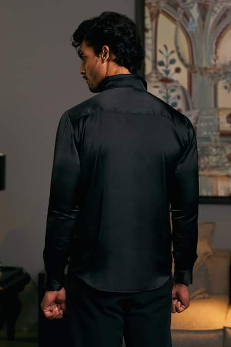 Shop_Siddartha Tytler_Black Lycra, Satin Sequins, Beads Yoke Embroidered Shirt _at_Aza_Fashions