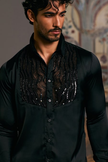 Siddartha Tytler_Black Lycra, Satin Sequins, Beads Yoke Embroidered Shirt _Online_at_Aza_Fashions