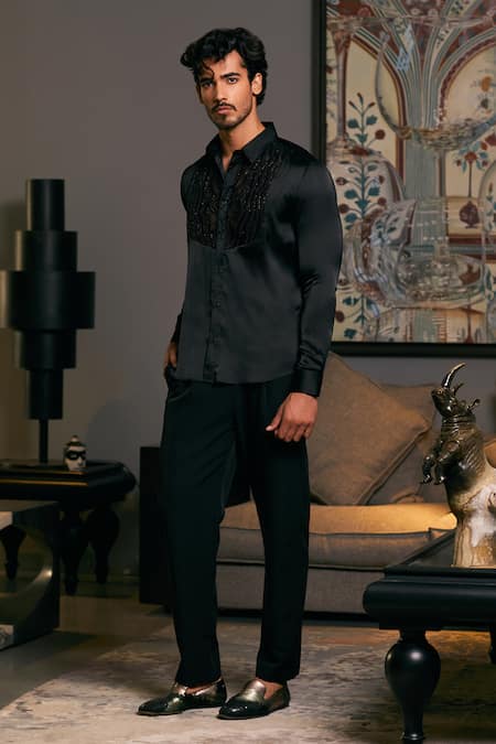 Buy_Siddartha Tytler_Black Lycra, Satin Sequins, Beads Yoke Embroidered Shirt _Online_at_Aza_Fashions