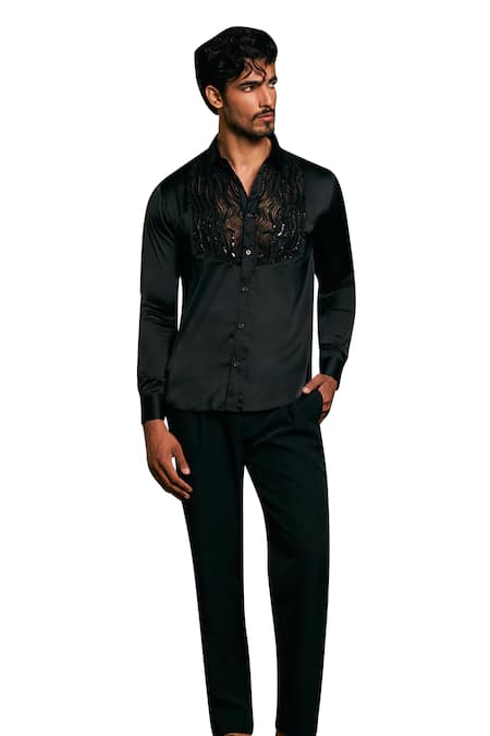 Shop_Siddartha Tytler_Black Lycra, Satin Sequins, Beads Yoke Embroidered Shirt _Online_at_Aza_Fashions