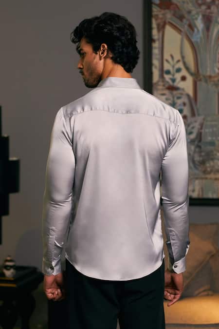 Shop_Siddartha Tytler_Grey Lycra, Satin Sequins, Beads Yoke Embroidered Shirt _at_Aza_Fashions