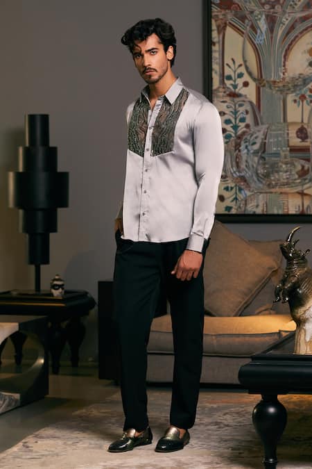 Siddartha Tytler_Grey Lycra, Satin Sequins, Beads Yoke Embroidered Shirt _Online_at_Aza_Fashions