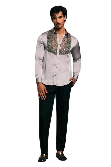 Buy_Siddartha Tytler_Grey Lycra, Satin Sequins, Beads Yoke Embroidered Shirt _Online_at_Aza_Fashions