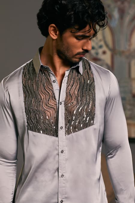 Shop_Siddartha Tytler_Grey Lycra, Satin Sequins, Beads Yoke Embroidered Shirt _Online_at_Aza_Fashions