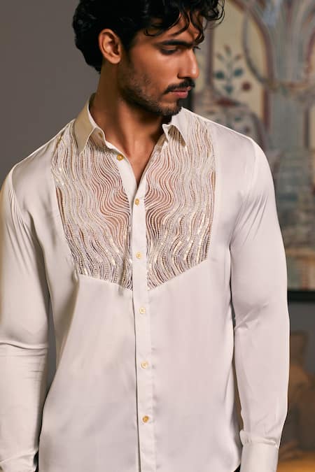 Siddartha Tytler Ivory Lycra, Satin Sequins, Beads Yoke Embroidered Shirt Online at Aza Fashions Siddartha Tytler_Ivory Lycra, Satin Sequins, Beads Yoke Embroidered Shirt _Online_at_Aza_Fashions