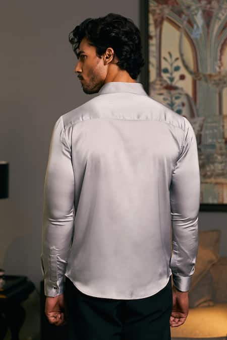 Shop Siddartha Tytler Grey Lycra, Satin Beads, Sequins Panel Embroidered Shirt at Aza Fashions Shop_Siddartha Tytler_Grey Lycra, Satin Beads, Sequins Panel Embroidered Shirt _at_Aza_Fashions