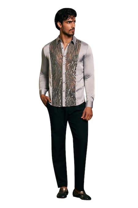 Siddartha Tytler Grey Lycra, Satin Beads, Sequins Panel Embroidered Shirt Online at Aza Fashions Siddartha Tytler_Grey Lycra, Satin Beads, Sequins Panel Embroidered Shirt _Online_at_Aza_Fashions